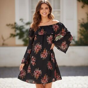 Design Lab Boho Floral Off-the-Shoulder Bell Sleeves Flowy Dress
